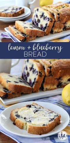 lemon and blueberry bread is cut into slices on a plate next to the loaf