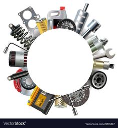 a circle made up of different types of parts on a white background with space for text