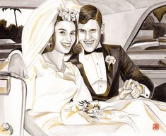 a drawing of a bride and groom in a car