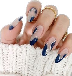 Navy And Silver Nails, Moonstone Nails, Navy Blue Nail Designs, Dance Nails, Purple Chrome Nails, Blue And Silver Nails, Hoco Nails, Silver Nail Designs, Navy Nails