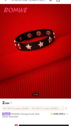 a black bracelet with white stars on it and red stripes in the background, as well as an ad for romwe