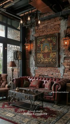 a living room filled with furniture next to a brick wall