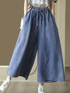 Cotton Dresses Summer, Wide Leg Denim Pants, High Waisted Wide Leg Jeans, Pants High Waisted, Jean Pants, Leisure Fashion, Denim Style, Polka Dress, Pleated Pants