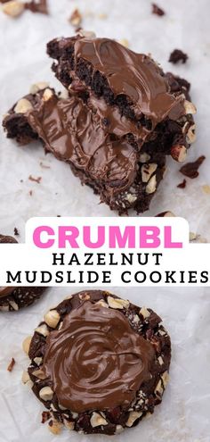 chocolate crumbl hazelnut mudslide cookies on parchment paper with text overlay