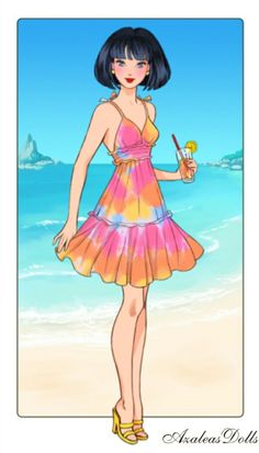 a woman in a dress standing on the beach holding a drink and looking at the camera