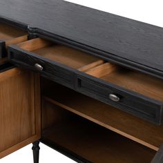 a black and wood desk with two drawers