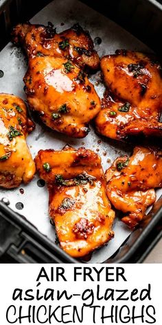 These Asian Glazed Air Fryer Chicken Thighs are tender on the inside and slightly crispy on the outside. They’re smothered with a sweet Asian glaze and then topped with crunchy sesame seeds and green onions. It’s the perfect quick and easy Asian chicken thigh recipe! #airfryer #chickenthighs Asian Glaze, Easy Asian Chicken, Glazed Chicken Thighs, Air Fryer Recipes Chicken Thighs, Chicken Thigh Recipe, Air Fryer Chicken Thighs, Air Fryer Oven Recipes, Chicken Thigh Recipes Oven, Chicken Thigh Recipes Crockpot