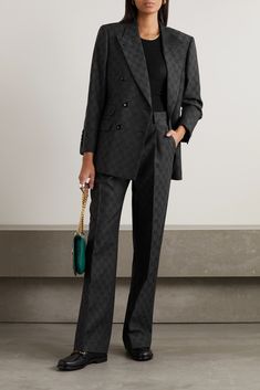 Gucci's double-breasted blazer debuted on the Fall '22 runway, where it was styled as a suit with the matching pants. It's been tailored in Italy from wool that's jacquard-woven with the brand's logo in a tonal colorway. The shoulders are padded for structure, while the satin lining will layer easily or feel smooth against bare skin. Tux For Wedding, Gucci Blazer, Red Pantsuit, Black Pantsuit, Suits And Sneakers, Gucci Suit, Jacquard Blazer, Crisp White Blouse, Inspo Poses