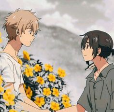 two anime characters shaking hands in front of flowers and trees with mountains in the background