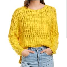 New Kut From The Kloth Chunky Yarn Sweater Yellow Soft Yarn Big Knit Detailing Is So Pretty And A Huge Current Trend And This Bright Yellow Color Is Gorgeous. Chunky Knit Cropped Sweater With Crew Neck, Cozy Chunky Knit Crew Neck Top, Chunky Knit Tops, Chunky Knit Crew Neck Tops For Spring, Trendy Chunky Knit Top, Yellow Pointelle Knit Sweater For Winter, Chunky Knit Crew Neck Top For Layering, Trendy Chunky Knit Crew Neck Tops, Trendy Crew Neck Tops With Chunky Knit