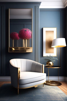 a living room with blue walls and gold accents on the wall, a white chair in front of a large mirror