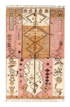 a pink and brown rug with fringes on the bottom, in different shapes and sizes