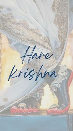 there is a woman's shoes with the words have krishna written on them