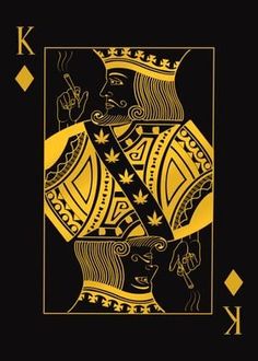 the king of spades in gold on a black background with an image of two men