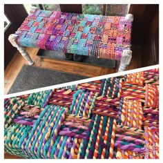 two pictures one with a bench and the other with a colorful rug on top of it