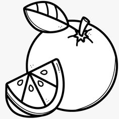 a black and white drawing of an orange with slices cut in half on the side