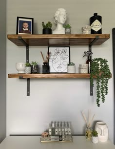 shelves with plants and pictures on them in a living room or dining room, along with other decor items