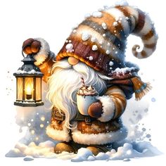 a santa clause holding a lantern in the snow