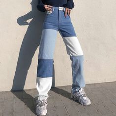 Pants Stitching, Patchwork Trousers, Color Switch, Trendy Pants, Trendy Jeans, Moda Jeans, All Jeans, High Waist Denim, Denim Patterns