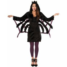 Become the Queen of the Arachnids this Halloween when you put on our Spider Hoodie! With your purchase, you will receive a simple and stylish black zip up hoodie complete with spider webs and spider legs which are revealed when you fan out your arms. Perfect for Halloween parties and trick-or-treating with the kids, this fun spider get-up will surely be a success! Buy your spider hoodie today, and go make this Halloween as magical as a finely crafted spider web. Spider Woman Costumes, Hoodie Halloween Costumes, Bug Costume, Spider Hoodie, Spider Costume, Hoodie Costume, Spider Halloween, Black Halloween Dress, Cat Hoodie