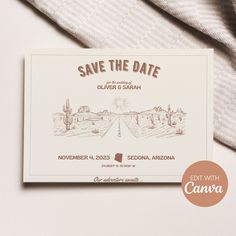 a save the date card with a desert scene in brown ink on a white background