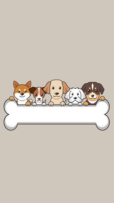 four dogs are sitting on top of a bone