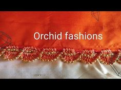 an orange dress with gold beading and words describing orchid fashions on it