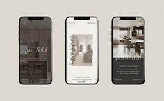 three iphones displaying the interior design for a kitchen and living room with bar stools