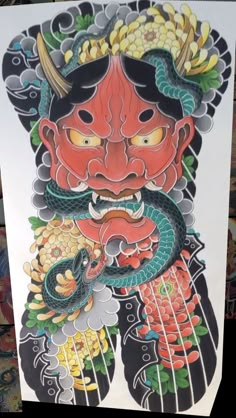 a drawing of a demon with flowers on it's chest and arms, holding a snake in its mouth