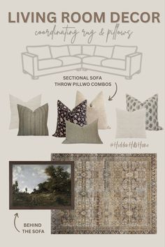 Living room decor! Sectional sofa throw Pillow combinations with a coordinating rug and artwork! Rugs For Beige Couch, Dark Gray Couch Living Room, Sectional Couch Layout, Gray Couch Living Room, Dark Gray Couch, Couch Pillow Arrangement, Gray Sectional Living Room, Classic Luxury Living Room, Dark Grey Couch Living Room