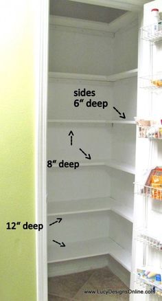 an empty pantry with the door open and shelves labeled