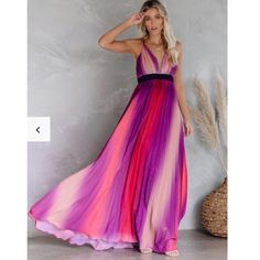 Nwt Fusion Pleated Maxi Dress In An Ombre Print - Dark Plum, Dusty Rose, Plum, Coral, Violet & Orchid On A Fully Pleated Fit + Flare Silhouette. Plunging V-Neckline Meets A Plum-Colored Empire Waistband W/ A Fully Exposed Back Wears W/ Crisscrossing Adjustable Spaghetti Straps For The Perfect Fit. Has A Full Lining & Concealed Back Zipper. Defined Waist Non Stretch Adjustable Criss Cross Spaghetti Straps Size L: Length Measures Approx. 60” From Shoulder To Hem With A 36” Bust And A 30” Waist Fitted Purple Maxi Dress For Summer, Purple Fitted Summer Maxi Dress, Purple Fitted Maxi Dress For Summer, Summer Party Maxi Dress In Purple, Purple Chiffon Beach Dress, Chic Purple Chiffon Maxi Dress, Purple Chiffon V-neck Maxi Dress, Chic Purple Maxi Dress, Flowy Purple Maxi Dress