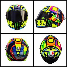 four different types of helmets with the same colors and designs on them, all in various styles