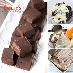 chocolate fudges, ice cream and cookies are shown in four different pictures with the words bailey's chocolate fudge