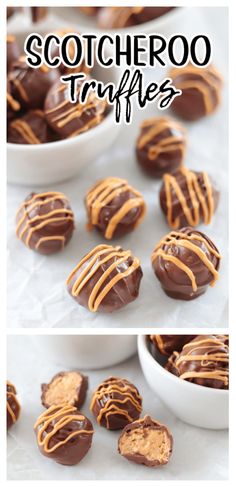 chocolate covered truffles with peanut butter drizzled on top and in the middle