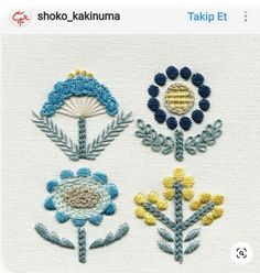 four embroidered flowers are shown in three different colors and sizes, one is blue, the other is yellow