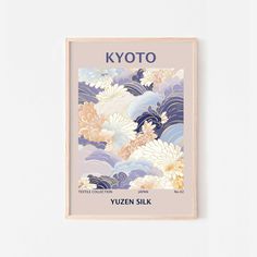 the cover of kyoto magazine featuring an image of blue and white flowers on a pink background