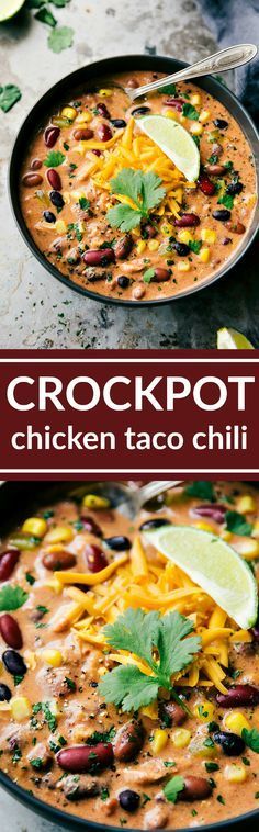 a bowl of crockpot taco chicken chili with limes and cilantro