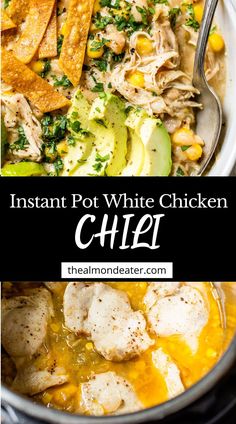 instant pot white chicken chili with avocado, corn and cheese in the bowl