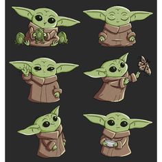 the baby yoda character is shown in various poses and expressions, including one with a butterfly