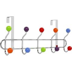 multi colored balls hang on a metal rack