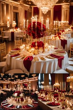 the tables are decorated with red roses and gold place settings for an elegant wedding reception