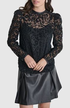 This long-sleeve top of airy mesh lace brings a hint of edgy glamour to any look. Back keyhole with button-and-loop closure Jewel neck Long sleeves Camisole lining 63% polyester, 37% nylon Hand wash, dry flat Imported Long Sleeve Lace Mesh Top For Night Out, Sheer Sleeves Lace Top For Night Out, Fall Lace Top With Sheer Sleeves For Night Out, Chic Long Sleeve Mesh Top For Evening, Long Sleeve Lace Top With Sheer Sleeves For Party, Party Lace Top With Sheer Long Sleeves, Long Sleeve Lace Mesh Top For Party, Sheer Lace Blouse For Night Out, Long Sleeve Lace Top With Lace Collar For Party