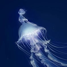 a white jellyfish floating in the ocean at night