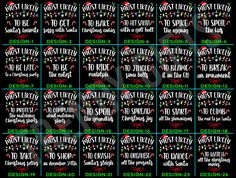 twelve christmas sayings with holiday lights on the bottom and green, red, and white lettering