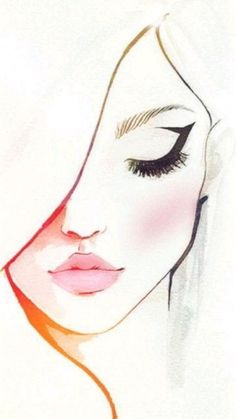 a drawing of a woman's face with long eyelashes and pink lipstick on her cheek