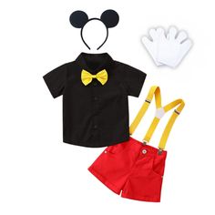 PRICES MAY VARY. Super adorable micky mouse costume 6 pieces set for baby, toddler and little boys! Includes Mouse Ears Hair Hoop + White Gloves + Black Shirt + Red Shorts + Bow tie + Suspender. A cosy dress up set for special occasion or casual suit set simply for ordinary days. A short sleeve black dress shirt with spread collar matching a cute yellow bowtie. Iconic red short pants with button closure, 2 side pockets, 1 back pocket and belt hoop. Featuring a detachable and adjustable yellow el Toddler Mickey Mouse Costume, Mickey Costume, Toddler Boy Costumes, Mickey Mouse Costume, Mouse Costume, Halloween Party Outfits, Bowtie And Suspenders, Fancy Dress Up, Black Short Sleeve Dress