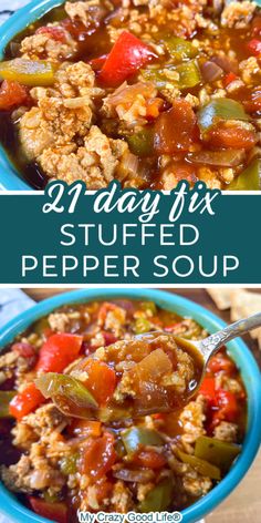 two pictures with different types of food in them and the words, 21 day fix stuffed pepper soup