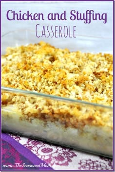 chicken and stuffing casserole in a glass baking dish on a table with purple cloth