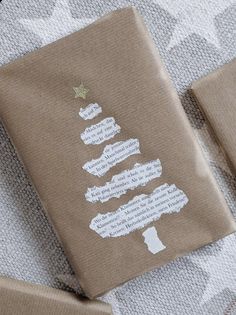 some brown wrapping paper with a christmas tree on it's side and words written in white